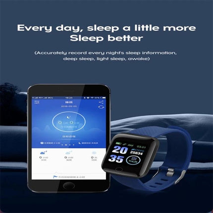 116plus Bracelet for Everyday Activity and Health Monitoring showing sleep tracking app on smartphone and blue fitness tracker