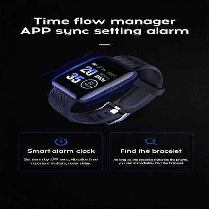 116plus Bracelet for Everyday Activity and Health Monitoring showing smartwatch display with steps, heart rate, sleep icons and app sync features