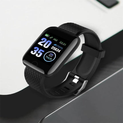 Alt Tag: 116plus Bracelet for Everyday Activity and Health Monitoring black fitness tracker showing steps, heart rate and sleep data
