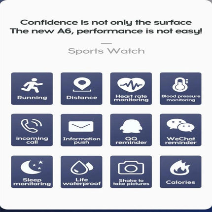 116plus Bracelet for Everyday Activity and Health Monitoring - icons showing running, distance, heart rate, blood pressure, calls, messages, sleep, waterproof, camera shake, calories