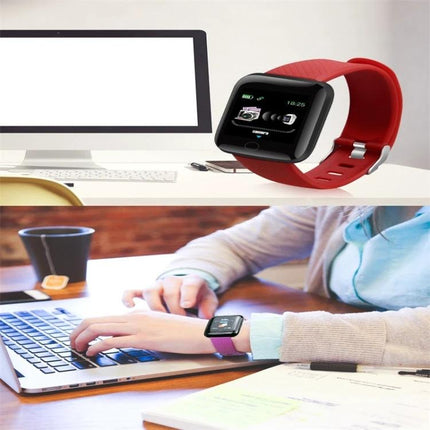 116plus Bracelet for Everyday Activity and Health Monitoring on wrist at desk and close-up on red strap smartwatch