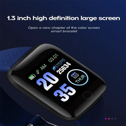 116plus Bracelet for Everyday Activity and Health Monitoring showing 1.3" color screen with step count, time, heart rate and sleep icons