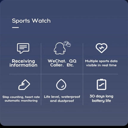 116plus Bracelet for Everyday Activity and Health Monitoring showing icons for notifications, heart rate, step counting, waterproof, and 30-day battery life