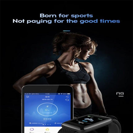 116plus Bracelet for Everyday Activity and Health Monitoring showing fitness app, smartwatch display and athlete promoting step, heart rate and sleep tracking