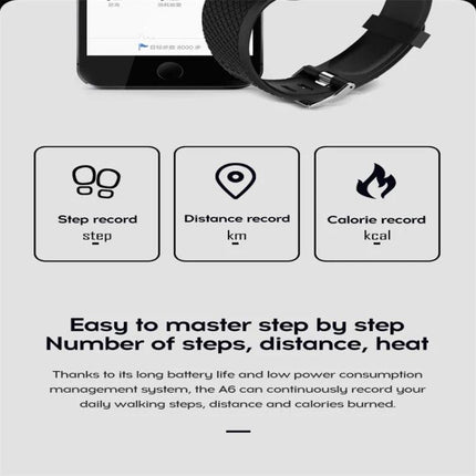 116plus Bracelet for Everyday Activity and Health Monitoring showing step, distance and calorie tracking icons and text