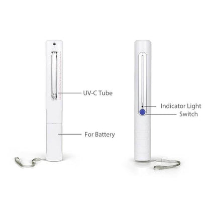 Portable Handheld UV Disinfection Lamp For Home And Travel shown front and back with UV-C tube, indicator light switch and battery compartment