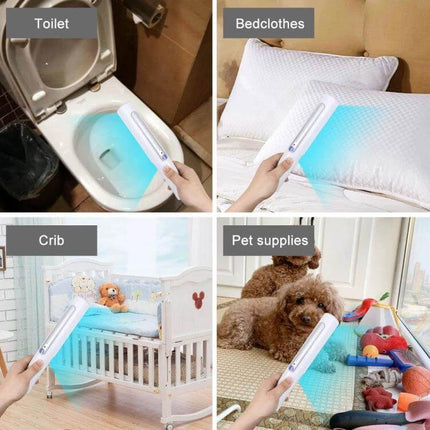 Portable Handheld UV Disinfection Lamp For Home And Travel used to sanitize toilet, bedclothes, crib and pet supplies with UV-C germ reduction