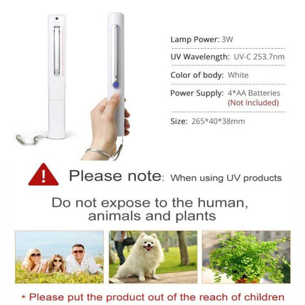 Portable Handheld UV Disinfection Lamp For Home And Travel white handheld UV-C wand showing size, specs and safety warning