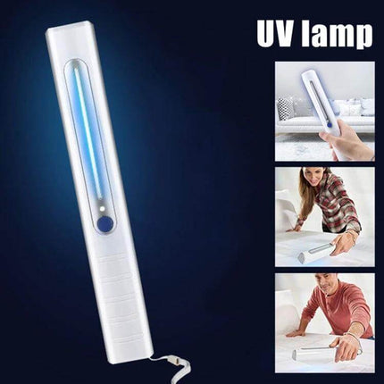 Portable Handheld UV Disinfection Lamp For Home And Travel showing handheld UV-C wand sanitizing surfaces