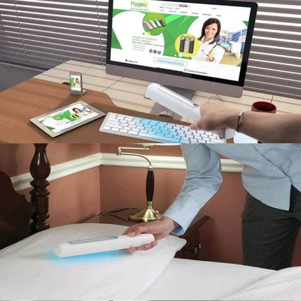 Portable Handheld UV Disinfection Lamp For Home And Travel used over keyboard and bed for chemical-free UV-C sanitation