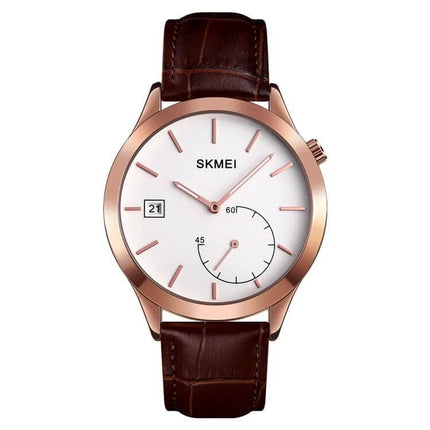 Skmei Waterproof Men's Watch for Outdoor and Sports Activities - rose gold case, white dial, brown leather strap, date and small seconds