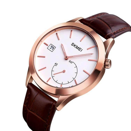 Skmei Waterproof Men's Watch for Outdoor and Sports Activities - rose gold case, white dial, brown leather strap, date and subdial, quartz movement