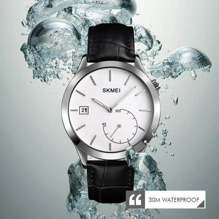 Skmei Waterproof Men's Watch for Outdoor and Sports Activities - classic silver dial, black leather strap, 30M waterproof quartz with date