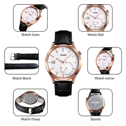 Skmei Waterproof Men's Watch for Outdoor and Sports Activities - rose gold case, white dial, black leather band, date display, quartz movement