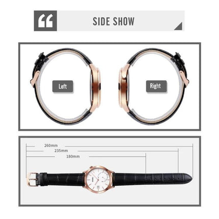 Skmei Waterproof Men's Watch for Outdoor and Sports Activities - side view and dimensions of rose gold case with black leather strap