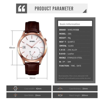 Skmei Waterproof Men's Watch for Outdoor and Sports Activities - rose gold case, white dial, leather band, 30M water resistance, date display