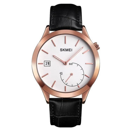 Skmei Waterproof Men's Watch for Outdoor and Sports Activities - rose gold case, white dial, date window, black leather strap