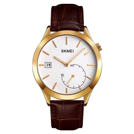 Skmei Waterproof Men's Watch for Outdoor and Sports Activities - gold case brown leather strap quartz date, water resistant to 30m