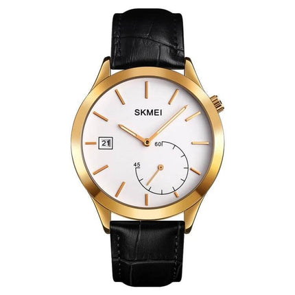 Skmei Waterproof Men's Watch for Outdoor and Sports Activities – gold case, white dial, date window, black leather strap, quartz movement