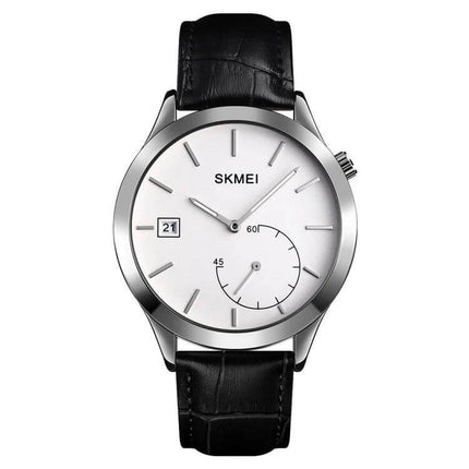 Skmei Waterproof Men's Watch for Outdoor and Sports Activities - silver case, white dial, black leather strap, date window, quartz movement