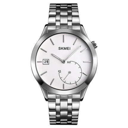 Skmei Waterproof Men's Watch for Outdoor and Sports Activities - silver stainless steel quartz dress watch with date, 30m water resistance