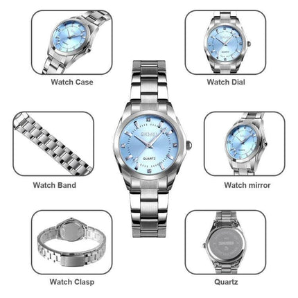Skmei Casual Women's Quartz Watch with Steel Strap showing silver steel strap, round blue dial, clasp and quartz back