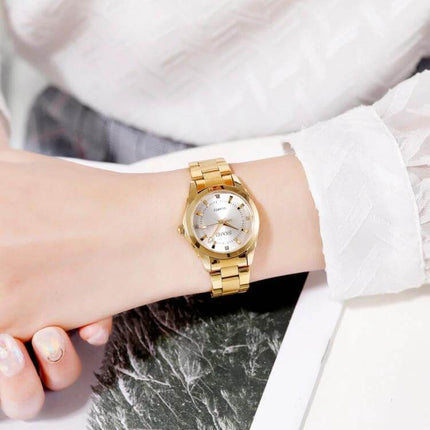 Skmei Casual Women's Quartz Watch with Steel Strap on wrist, silver dial and stainless steel bracelet for everyday wear
