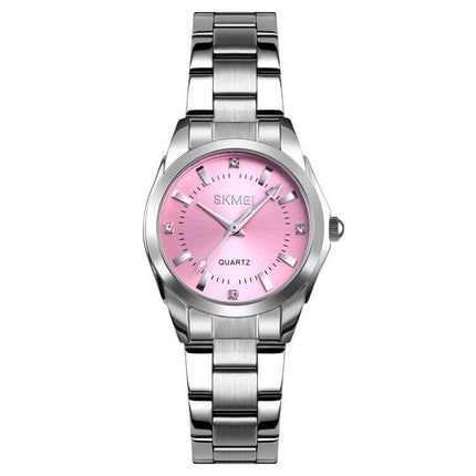 Skmei Casual Women's Quartz Watch with Steel Strap – silver steel strap wristwatch with pink round dial, simple everyday women's analog quartz timepiece