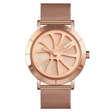 Skmei Men's Business Quartz Watch with Waterproof Skeleton Dial rose gold mesh band close-up showing skeleton dial and quartz hands