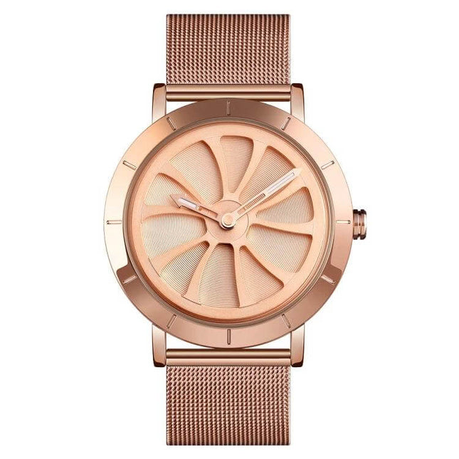 Skmei Men's Business Quartz Watch with Waterproof Skeleton Dial rose gold mesh band close-up showing skeleton dial and quartz hands