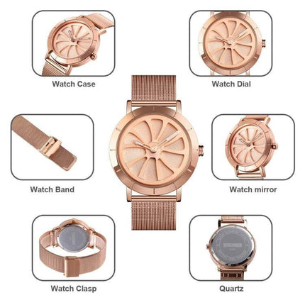 Skmei Men's Business Quartz Watch with Waterproof Skeleton Dial rose gold mesh band watch showcasing skeleton dial, case, band, clasp, mirror and quartz back