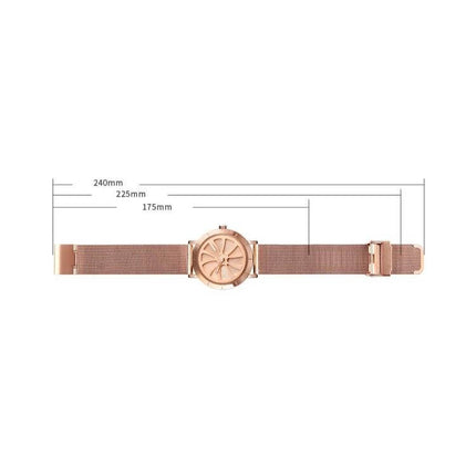 Skmei Men's Business Quartz Watch with Waterproof Skeleton Dial rose gold mesh strap flat lay with size measurements