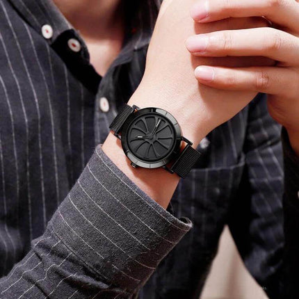 Skmei Men's Business Quartz Watch with Waterproof Skeleton Dial on wrist, black mesh band and skeleton dial, professional everyday style