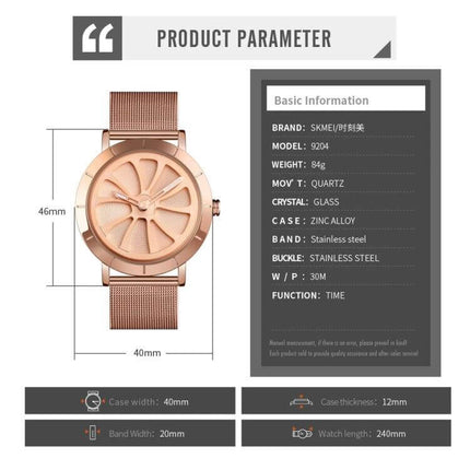 Skmei Men's Business Quartz Watch with Waterproof Skeleton Dial - rose gold mesh band, 40mm case, waterproof 30M, quartz skeleton design