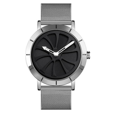 Skmei Men's Business Quartz Watch with Waterproof Skeleton Dial showing silver mesh band and black skeleton dial, business casual quartz timepiece