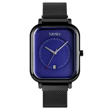 Skmei Men's Sports Quartz Watch with Magnetic Buckle, square blue dial, mesh magnetic black strap, date window, 30M waterproof