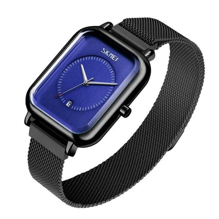 Skmei Men's Sports Quartz Watch with Magnetic Buckle - square blue dial, black mesh magnetic buckle, 30M waterproof, date display