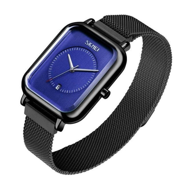 Skmei Men's Sports Quartz Watch with Magnetic Buckle - square blue dial, black mesh magnetic buckle, 30M waterproof, date display