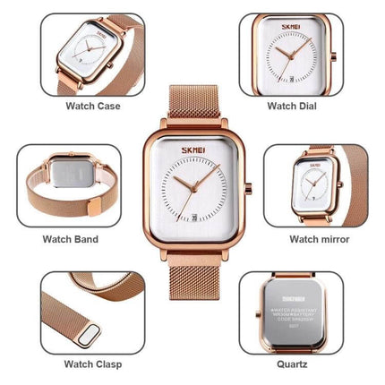 Skmei Men's Sports Quartz Watch with Magnetic Buckle rose gold square dial mesh band 30M waterproof everyday sports and office use