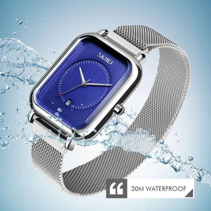 Skmei Men's Sports Quartz Watch with Magnetic Buckle silver mesh strap square blue dial 30M waterproof, sporty everyday magnetic clasp