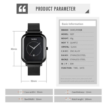 Skmei Men's Sports Quartz Watch with Magnetic Buckle square dial, black mesh band, 30M waterproof, time and date display