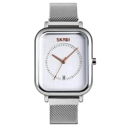 Skmei Men's Sports Quartz Watch with Magnetic Buckle silver square dial mesh strap, simple date display, 30M waterproof