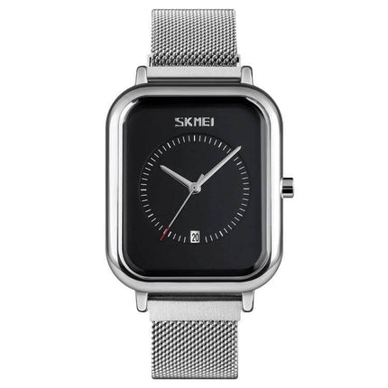 Skmei Men's Sports Quartz Watch with Magnetic Buckle - square black dial, silver mesh magnetic strap, date window, 30M waterproof