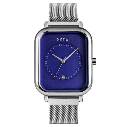 Skmei Men's Sports Quartz Watch with Magnetic Buckle — square blue dial, date window, silver mesh magnetic band, 30M water resistant