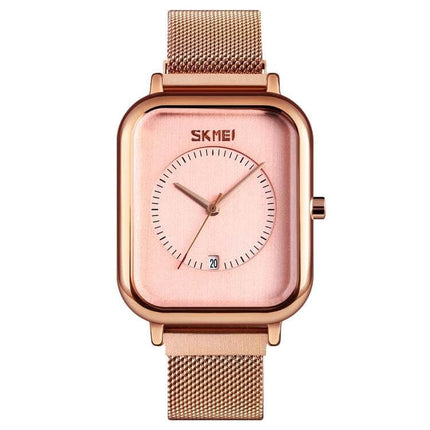 Skmei Men's Sports Quartz Watch with Magnetic Buckle rose gold square dial, mesh strap, date window, 30M waterproof