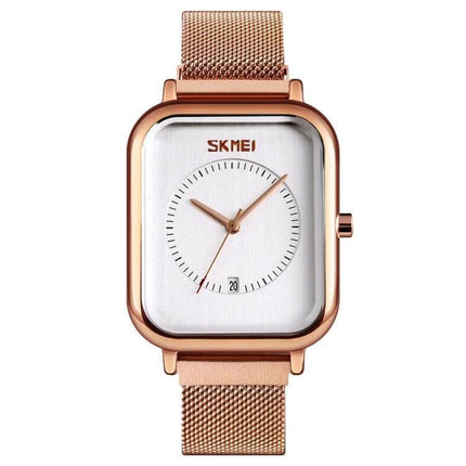Skmei Men's Sports Quartz Watch with Magnetic Buckle rose gold square dial mesh band, date window, 30M waterproof