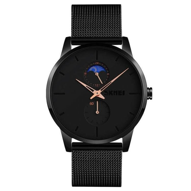 Skmei Men's Watch for Everyday Business and Sports Use - black mesh strap minimalist dial, 30M waterproof, day-night subdial