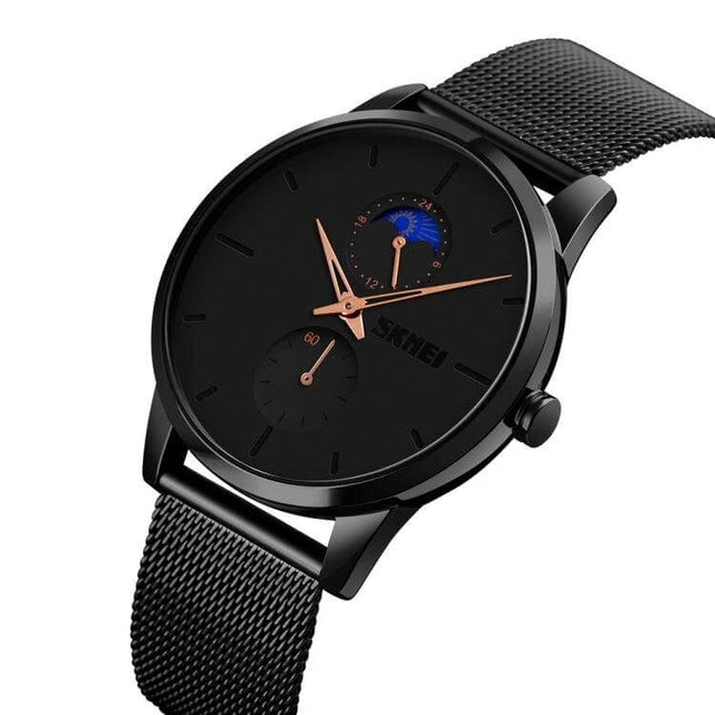 Skmei Men's Watch for Everyday Business and Sports Use slim black mesh strap watch with rose gold hands and 30M water resistance