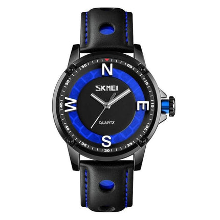 Skmei Men's Business Watch for Everyday Professional Use - black leather strap blue accent quartz luminous dial