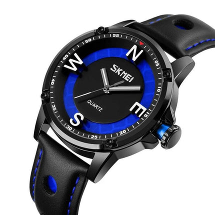 Skmei Men's Business Watch for Everyday Professional Use black and blue round dial quartz watch with luminous hands and leather strap